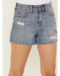 Shyanne Women's Novelty Western Studded Medium Wash High Rise Stretch Denim Shorts
