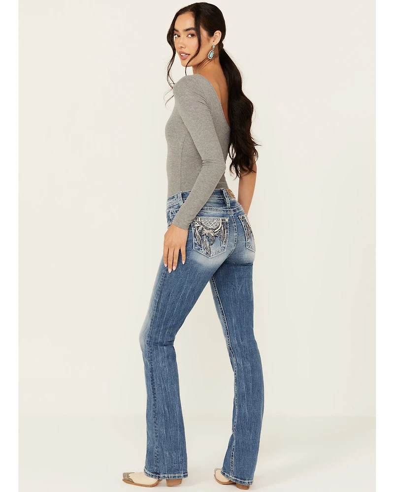 Miss Me Women's Light Wash Mid Rise Dreamcatcher Pocket Bootcut Stretch Denim Jeans