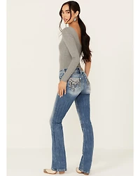 Miss Me Women's Light Wash Mid Rise Dreamcatcher Pocket Bootcut Stretch Denim Jeans