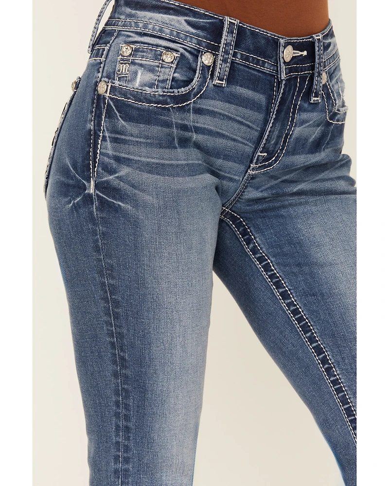 Miss Me Women's Medium Wash Mid Rise Fleur de Lis Pocket 32" Bootcut Stretch Denim Jeans