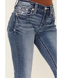 Miss Me Women's Medium Wash Mid Rise Fleur de Lis Pocket 32" Bootcut Stretch Denim Jeans