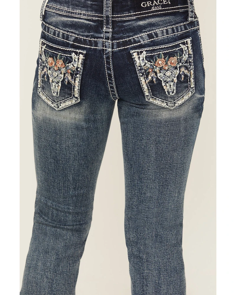 Grace La Girls' Floral Steerhead Embroidered And Embellished Bootcut Stretch Denim Jeans