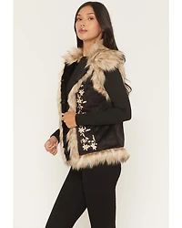 Tasha Polizzi Women's Chateau Faux Fur Trim Floral Embroidered Vest