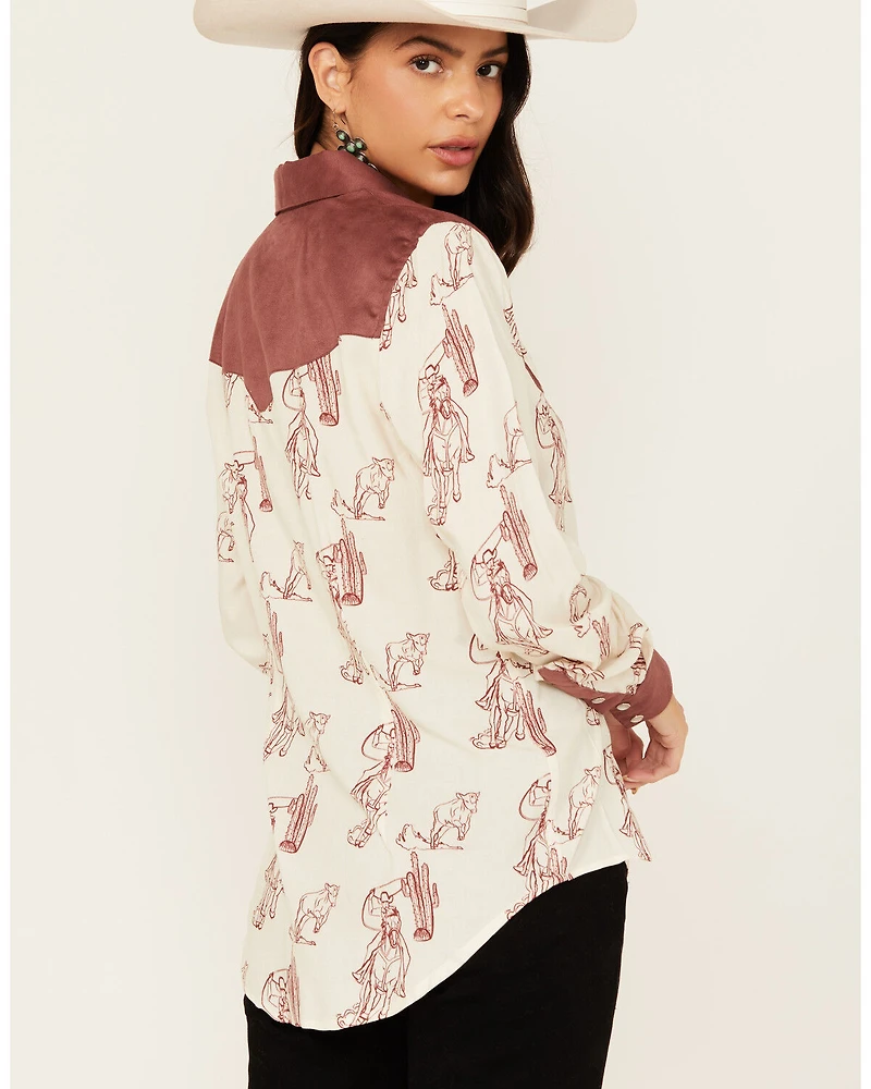 Panhandle Women's Western Print Long Sleeve Pearl Snap Shirt