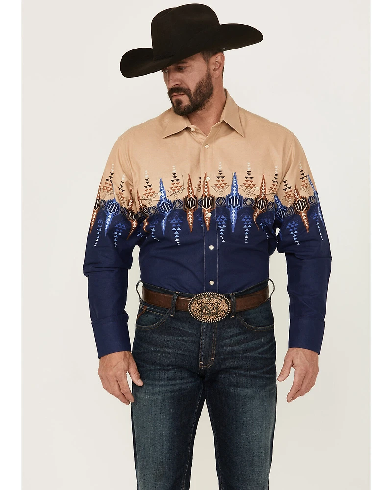 Panhandle Men's Southwestern Print Border Long Sleeve Snap Western Shirt