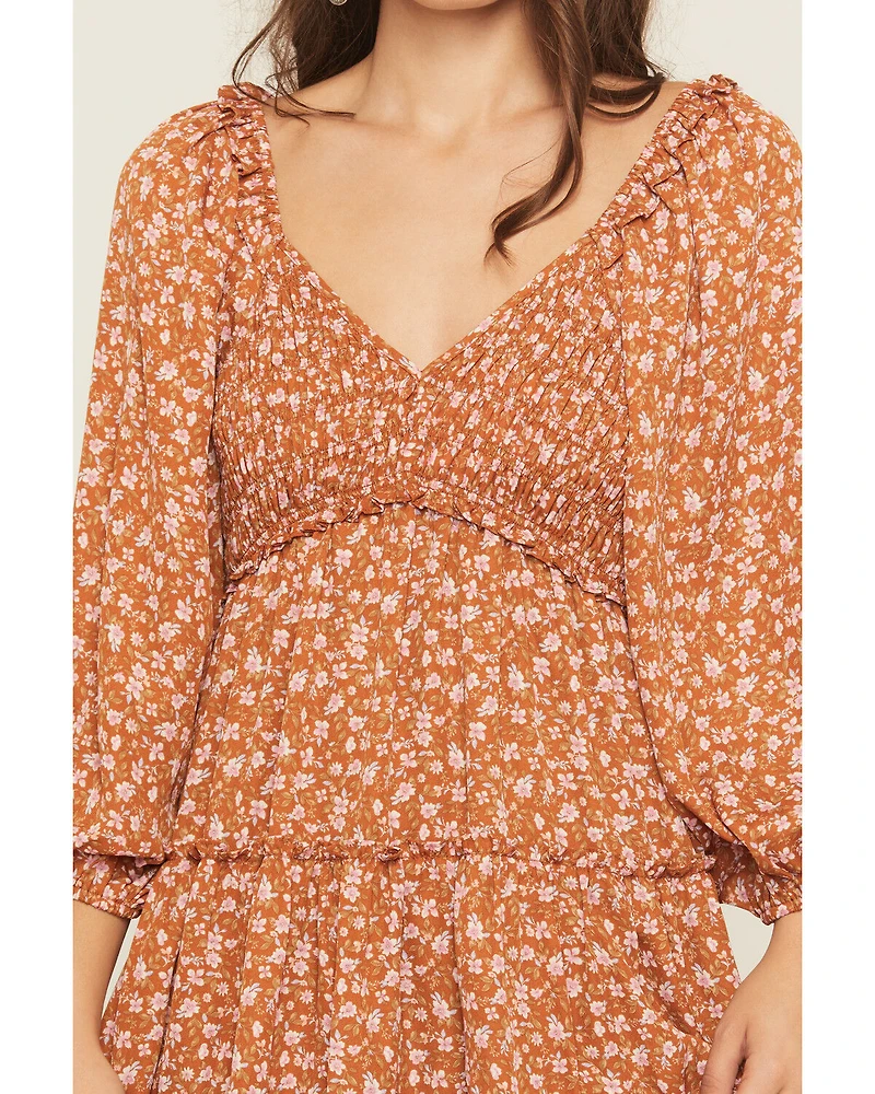 Yura Women's Floral Print Long Sleeve Smocked Mini Dress