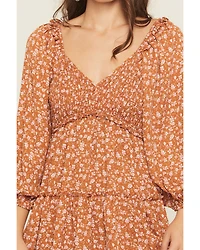 Yura Women's Floral Print Long Sleeve Smocked Mini Dress