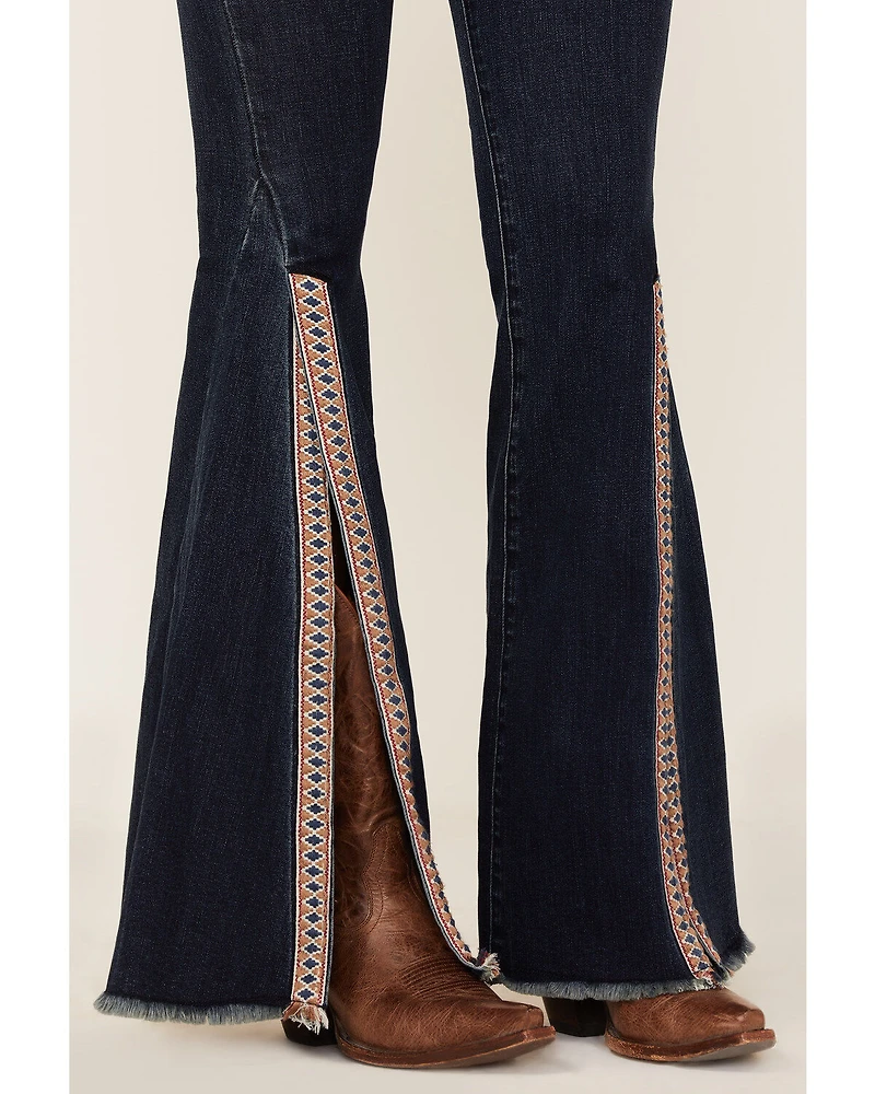 Saints & Hearts Women's Dark Wash High Rise Embroidered Slit Flare Jeans
