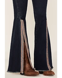 Saints & Hearts Women's Dark Wash High Rise Embroidered Slit Flare Jeans