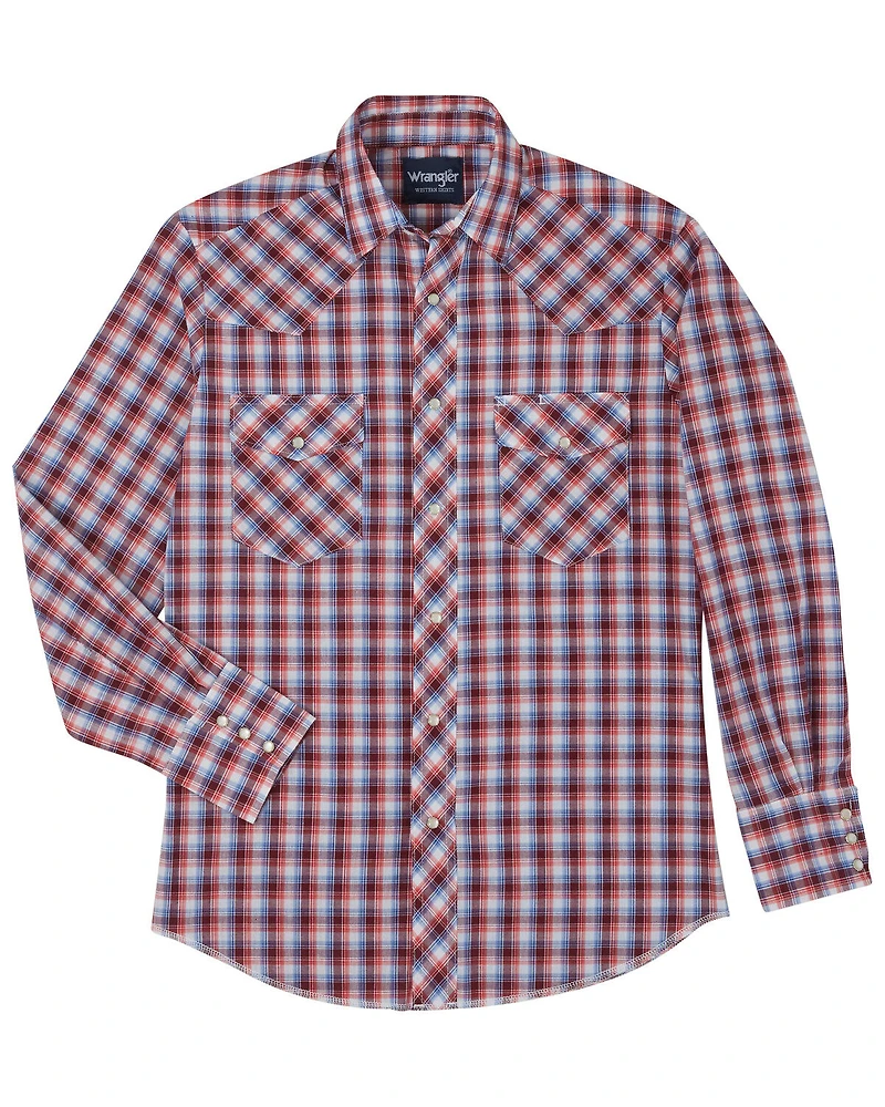 Wrangler Men's Assorted Stripe or Plaid Classic Long Sleeve Pearl Snap Western Shirt