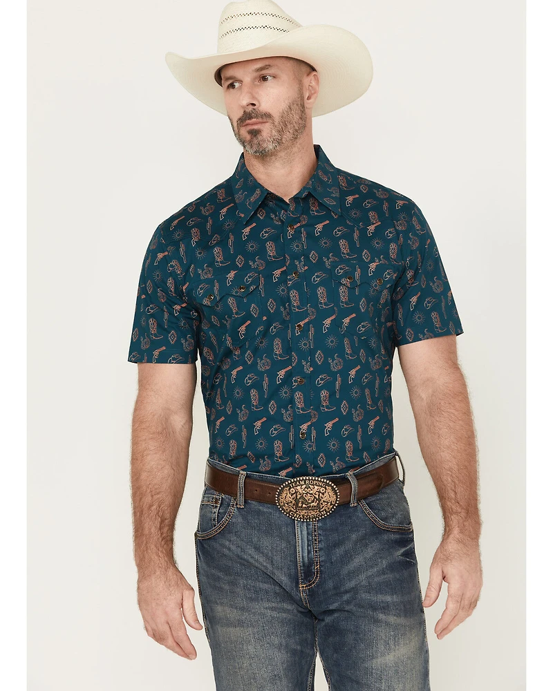 Rock & Roll Denim Men's Cowboy Print Short Sleeve Snap Stretch Western Shirt