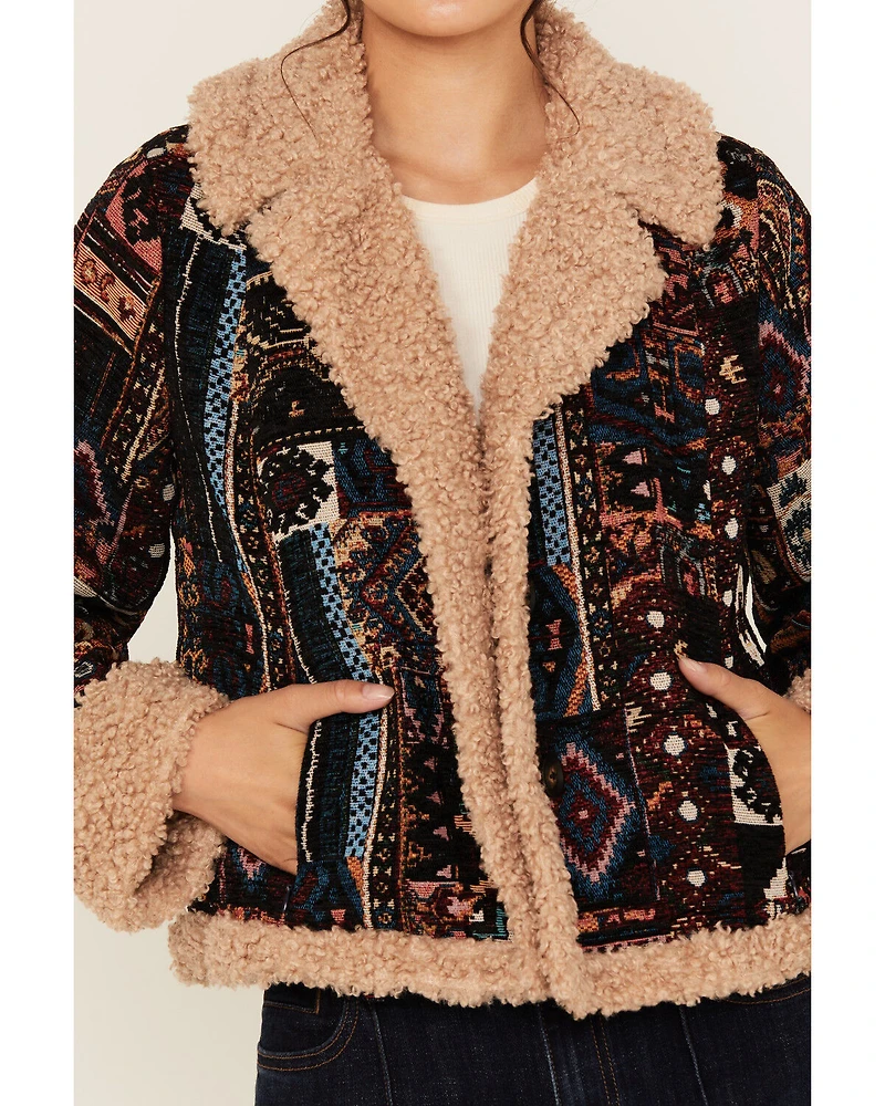 Shyanne Women's Tapestry Sherpa Lined Button-Down Cropped Jacket