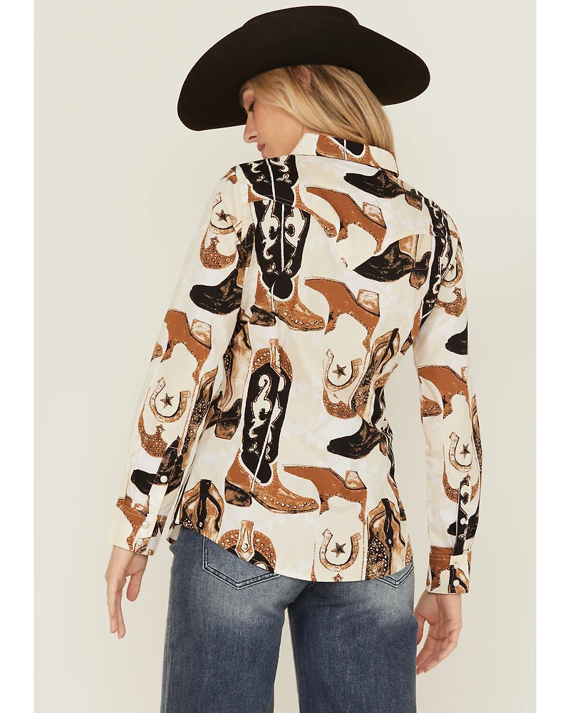 Wrangler Retro Women's Boot Print Long Sleeve Snap Western Shirt