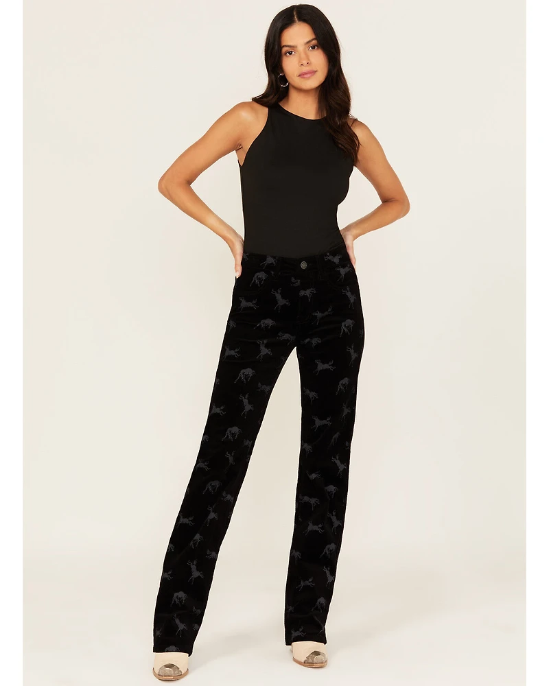 Rock & Roll Denim Women's High Rise Horse Print Modest Bootcut Stretch Corduroy Jeans