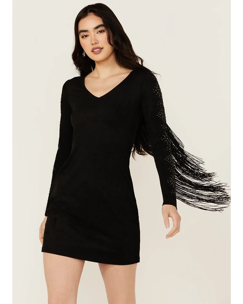 Idyllwind Women's Lois Studded Long Sleeve Fringe Mini Dress