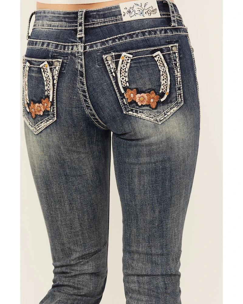 Grace LA Women's Light Wash Floral Horseshoe Pocket Mid Rise Bootcut Stretch Denim Jeans