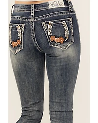 Grace LA Women's Light Wash Floral Horseshoe Pocket Mid Rise Bootcut Stretch Denim Jeans