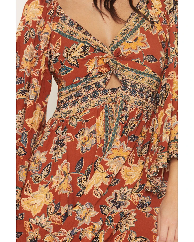 Angie Women's Floral Knot Front Long Sleeve Midi Dress