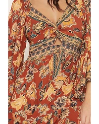Angie Women's Floral Knot Front Long Sleeve Midi Dress