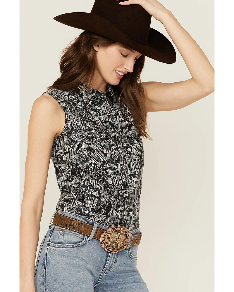 Wrangler Women's Cactus Print Sleeveless Snap Western Shirt