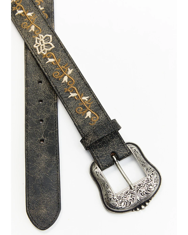 Shyanne Women's Floral Cream Embroidery Black Western Belt