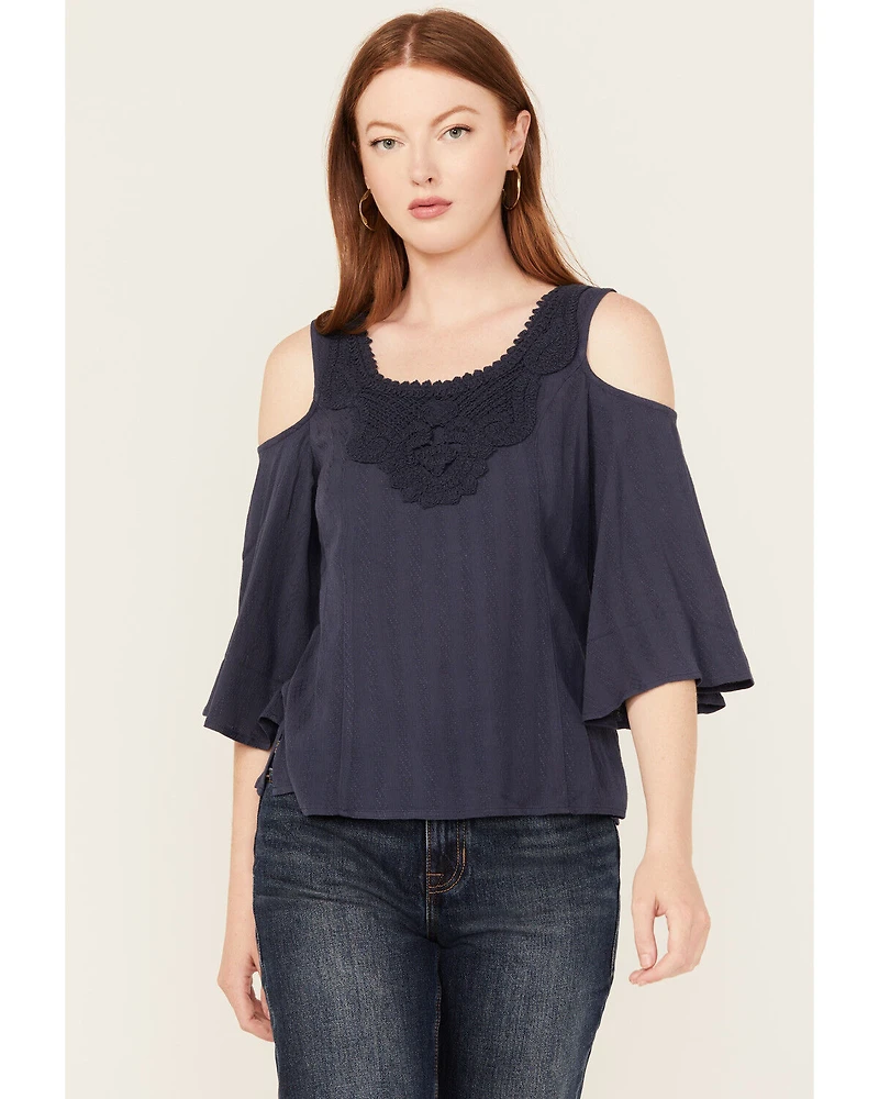 Shyanne Women's Solid Crochet Cold Shoulder Long Sleeve Shirt