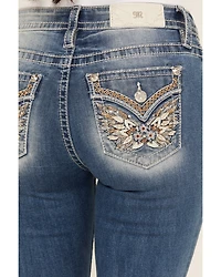 Miss Me Women's Medium Wash Mid Rise Wing Pocket 34" Bootcut Stretch Denim Jeans