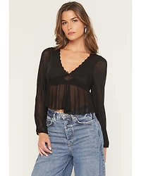 Wild Moss Women's Sheer Printed Long Sleeve Baby Doll Top