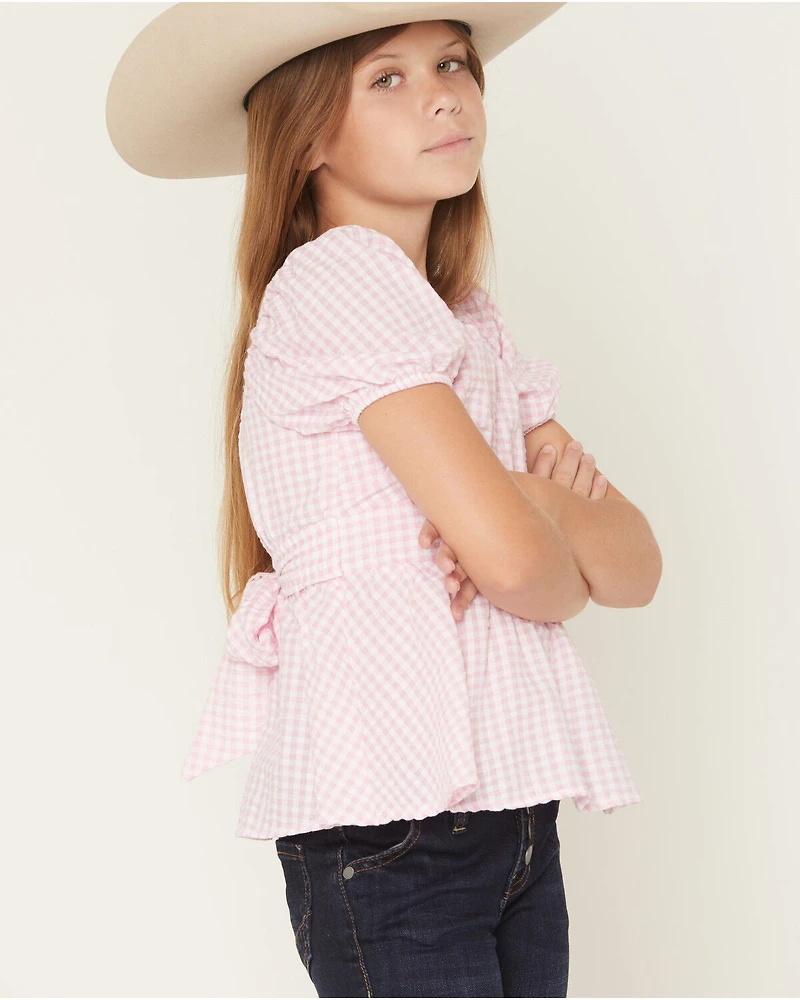Originality Girls' Emma Gingham Short Puff Sleeve Ruffle Shirt