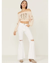 Shyanne Women's Floral Embroidered Off Shoulder Taupe Long Sleeve Crop Top