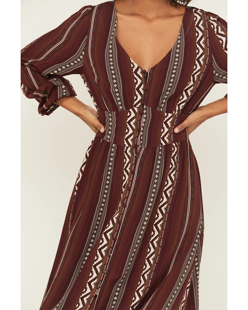 Wrangler Retro Women's Southwestern Striped Print Long Sleeve Button-Down Maxi Dress