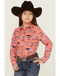 Cruel Girl Girls' Boot Print Long Sleeve Pearl Snap Western Shirt
