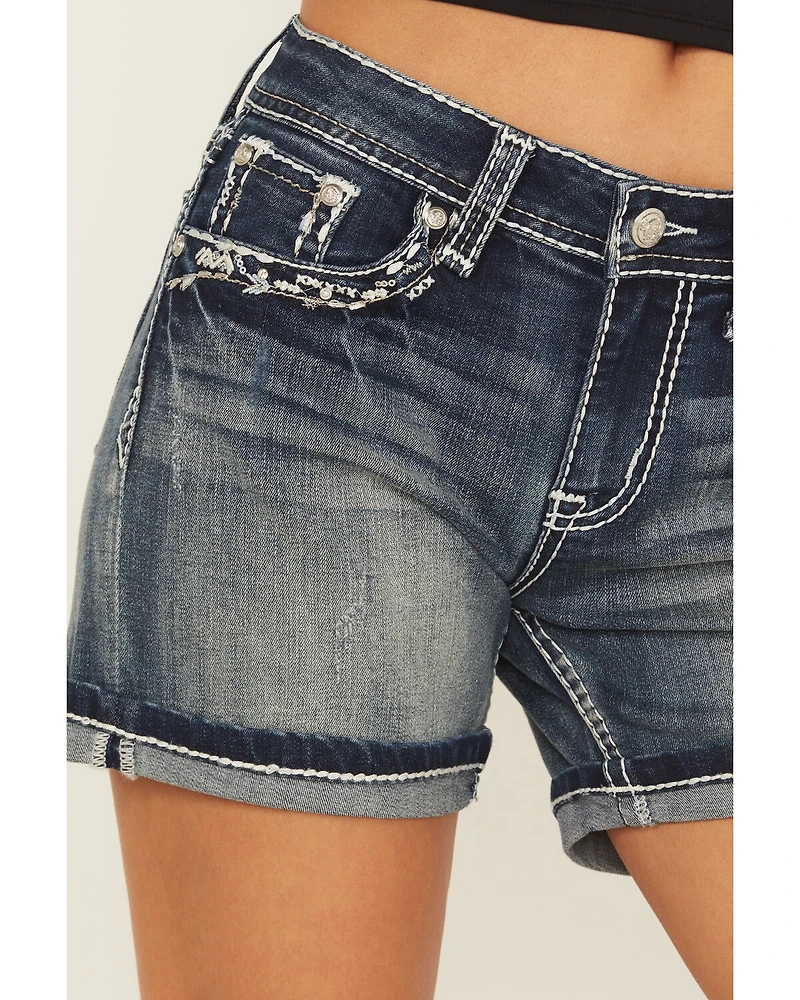Grace LA Women's Medium Wash Mid Rise Embroidered Stretch Denim Shorts