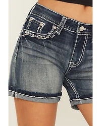 Grace LA Women's Medium Wash Mid Rise Embroidered Stretch Denim Shorts