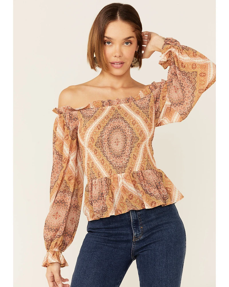 Flying Tomato Women's Boho Print Cold Shoulder Top