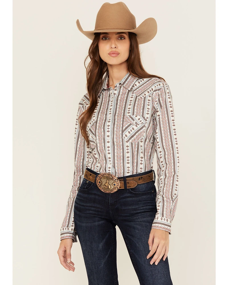 Rough Stock by Panhandle Women's Southwestern Striped Long Sleeve Pearl Snap Stretch Western Shirt