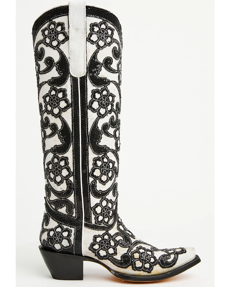 Corral Women's Floral Overlay Sequin Tall Western Boots - Snip Toe