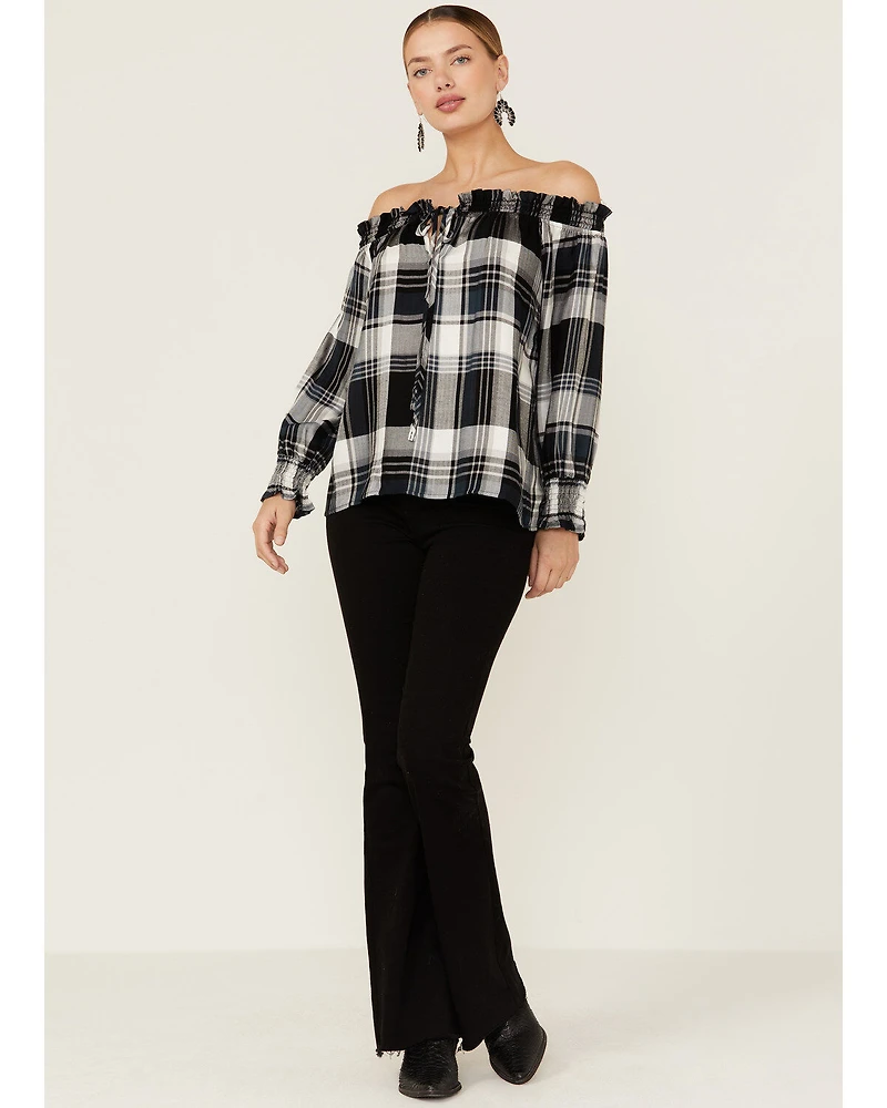 Wild Moss Women's Plaid Navy Off The Shoulder Top