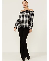 Wild Moss Women's Plaid Navy Off The Shoulder Top