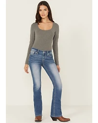 Shyanne Mid Rise Medium Wash Bootcut Paisley Faux Flap Stretch Denim Jeans
