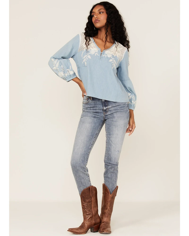 Roper Women's Denim Lace Embroidered Floral Peasant Top