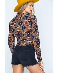Ryan Michael Women's Aspen Southwestern Silk Print Long Sleeve Pearl Snap Western Shirt