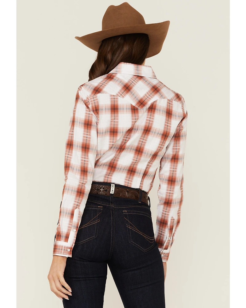 Rough Stock By Panhandle Women's Dobby Plaid Print Long Sleeve Western Pearl Snap Shirt