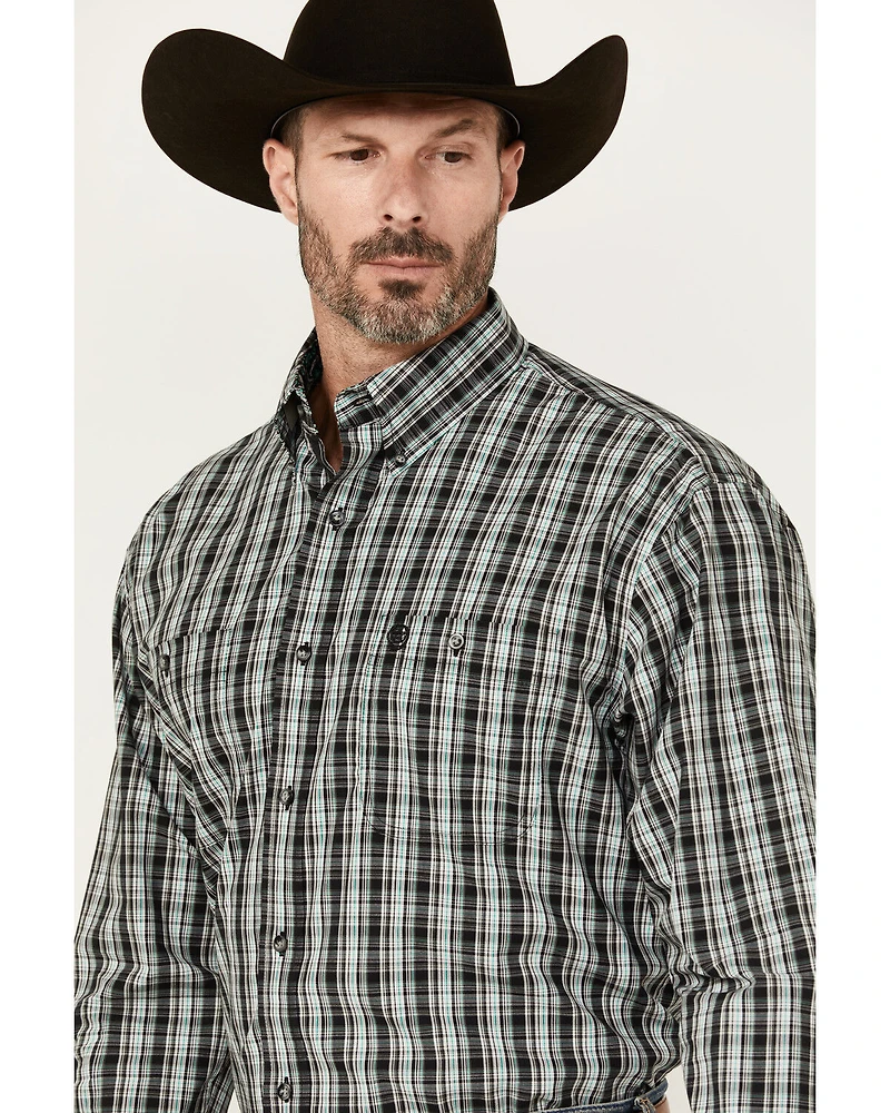 George Strait By Wrangler Men's Plaid Print Long Sleeve Button-Down Stretch Western Shirt