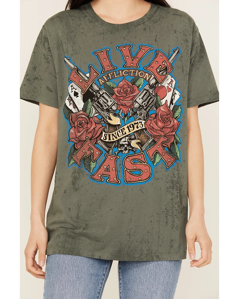 Affliction Women's Live Fast Studded Short Sleeve Graphic Tee