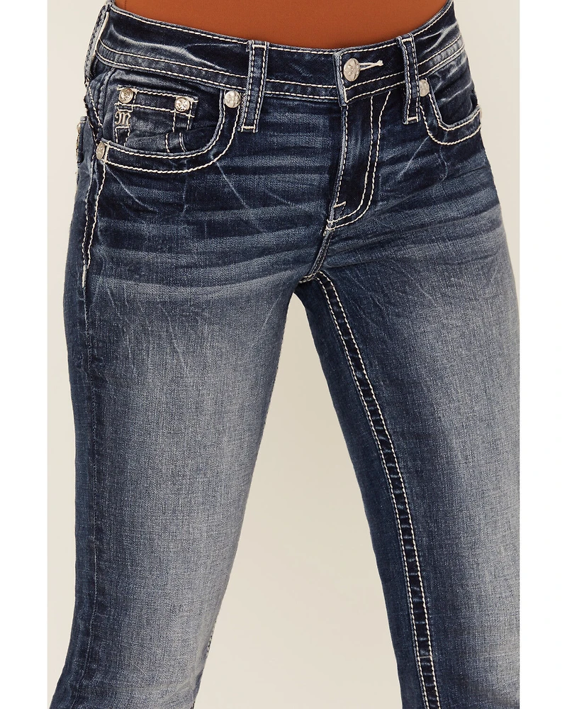 Miss Me Women's Dark Wash Mid Rise Agate Pocket 32" Bootcut Stretch Denim Jeans