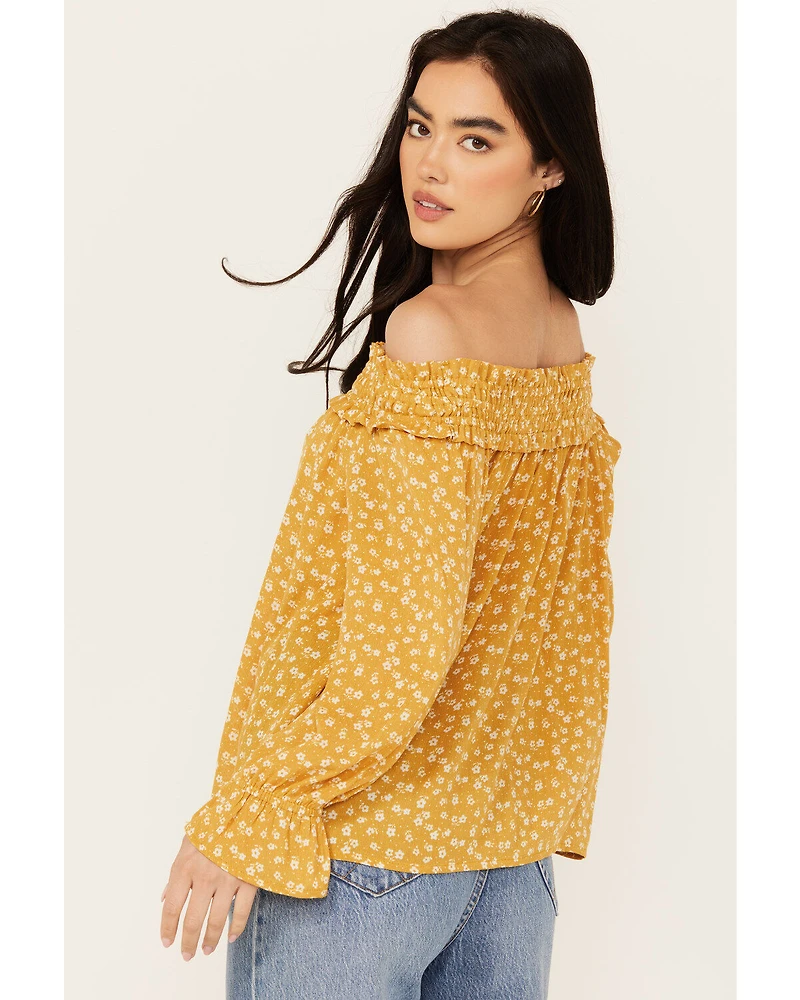 Wild Moss Women's Ditzy Floral Print Long Sleeve Off The Shoulder Shirt