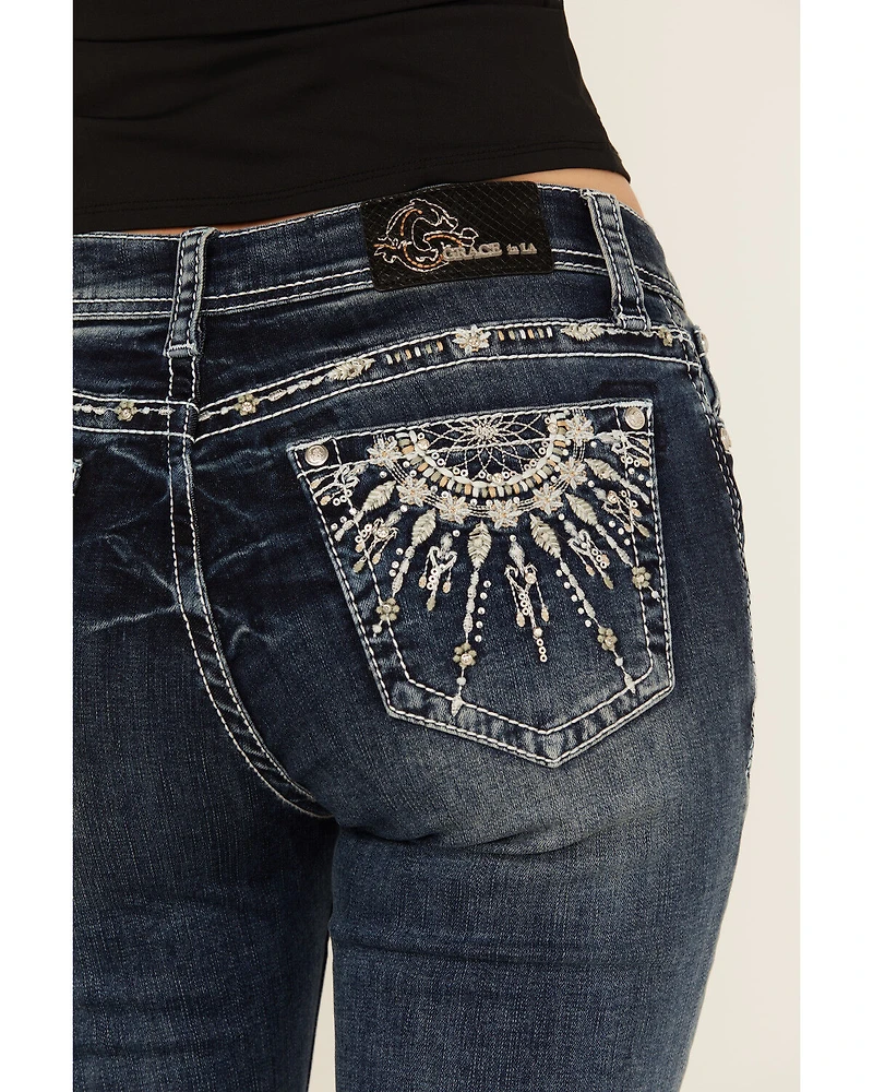 Grace LA Women's Medium Wash Dream Catcher Embroidered Mid Rise Bootcut Stretch Denim Jeans