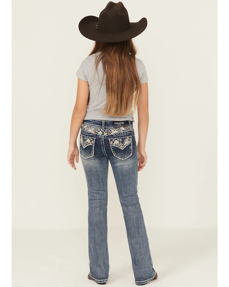Grace LA Girls' Medium Wash Floral Embroidered Faux Flap Pocket Bootcut Stretch Denim Jeans