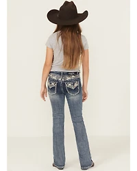 Grace LA Girls' Medium Wash Floral Embroidered Faux Flap Pocket Bootcut Stretch Denim Jeans